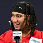Houston Texans quarterback C.J. Stroud speaks at a press conference after an NFL football minicamp at NRG Stadium.