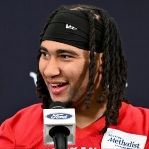 Houston Texans quarterback C.J. Stroud speaks at a press conference after an NFL football minicamp at NRG Stadium.