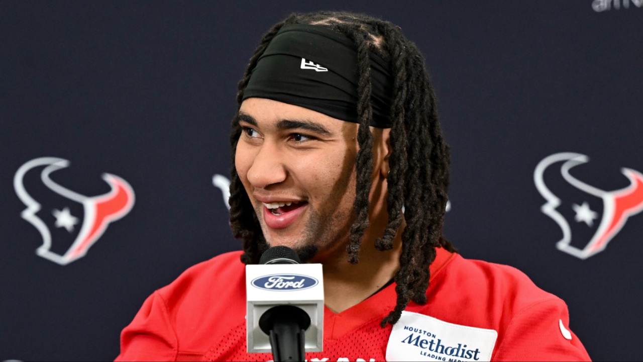 Houston Texans quarterback C.J. Stroud speaks at a press conference after an NFL football minicamp at NRG Stadium.