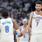 May 26, 2025; Minneapolis, Minnesota, USA;Oklahoma City Thunder forward Chet Holmgren (7) reacts with forward Jalen Williams (8) in the second half during game four of the western conference finals for the 2025 NBA Playoffs at Target Center.