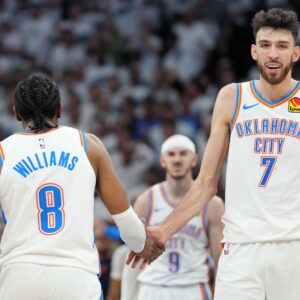 May 26, 2025; Minneapolis, Minnesota, USA;Oklahoma City Thunder forward Chet Holmgren (7) reacts with forward Jalen Williams (8) in the second half during game four of the western conference finals for the 2025 NBA Playoffs at Target Center.