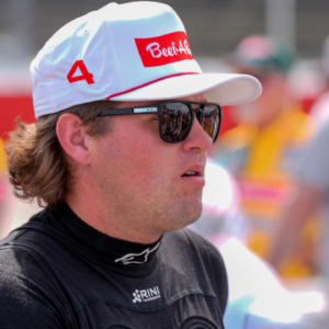 Apr 6, 2025; Darlington, South Carolina, USA; NASCAR Cup Series driver Noah Gragson (4) pre race during the Goodyear 400 at Darlington Raceway. Mandatory Credit: Jim Dedmon-Imagn Images