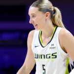 Jun 17, 2025; Arlington, Texas, USA; Dallas Wings guard Paige Bueckers (5) reacts during the second half against the Golden State Valkyries at College Park Center