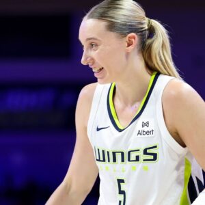 Jun 17, 2025; Arlington, Texas, USA; Dallas Wings guard Paige Bueckers (5) reacts during the second half against the Golden State Valkyries at College Park Center