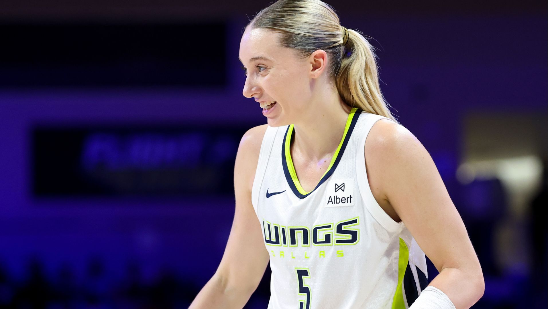Jun 17, 2025; Arlington, Texas, USA; Dallas Wings guard Paige Bueckers (5) reacts during the second half against the Golden State Valkyries at College Park Center