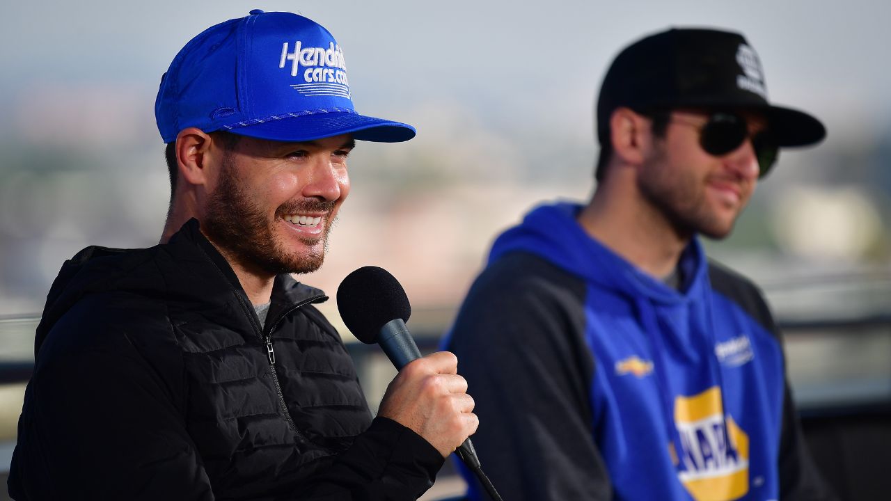 NASCAR Cup Series driver Kyle Larson (5) and driver Chase Elliott (9) during media availabilities at Los Angeles Memorial Coliseum.