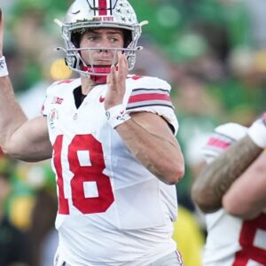 Ohio State Buckeyes quarterback Will Howard (18) throws during the first half of the College Football Playoff quarterfinal against the Oregon Ducks at the Rose Bowl in Pasadena, Calif. on Jan. 1, 2025.