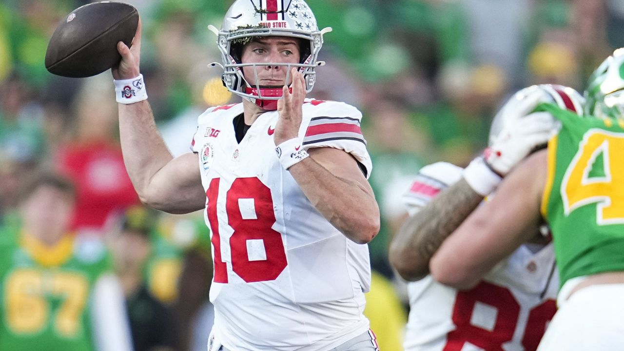 Ohio State Buckeyes quarterback Will Howard (18) throws during the first half of the College Football Playoff quarterfinal against the Oregon Ducks at the Rose Bowl in Pasadena, Calif. on Jan. 1, 2025.