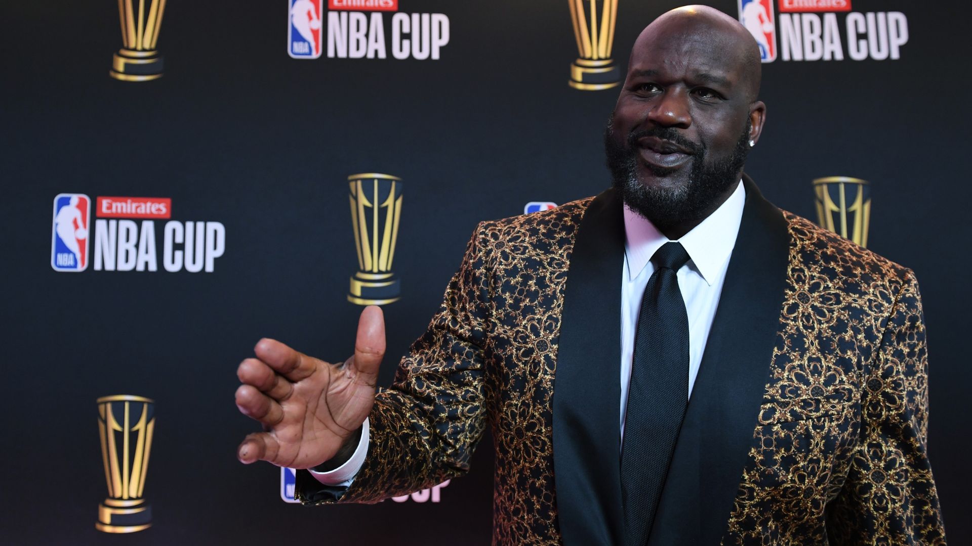 Dec 14, 2024; Las Vegas, NV, USA; Shaquille O'Neal arrives on the red carpet before the Emirates NBA Cup semifinal game at T-Mobile Arena