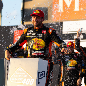 NASCAR Cup Series Driver Chase Briscoe celebrates winning the Great American Getaway 400 at Pocono Raceway on June 22, 2025.