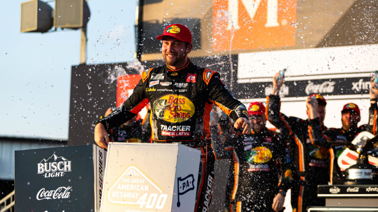 NASCAR Cup Series Driver Chase Briscoe celebrates winning the Great American Getaway 400 at Pocono Raceway on June 22, 2025.