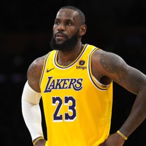 Nov 15, 2023; Los Angeles, California, USA; Los Angeles Lakers forward LeBron James (23) reacts in the second half against the Sacramento Kings at Crypto.com Arena