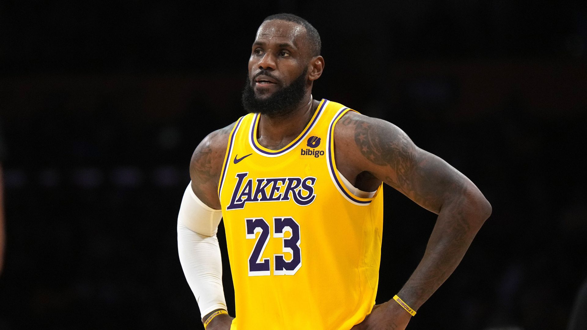 Nov 15, 2023; Los Angeles, California, USA; Los Angeles Lakers forward LeBron James (23) reacts in the second half against the Sacramento Kings at Crypto.com Arena