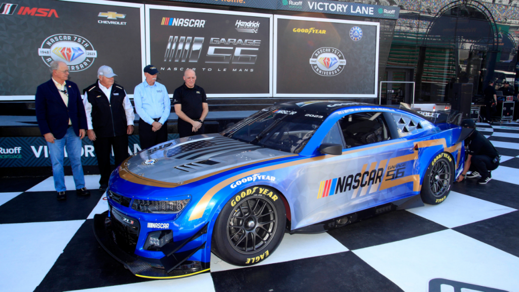 DAYTONA, FL - FEBRUARY 17: NASCAR, Motorsport, USA chief executive office Jim France along with Hendrick Motorsport Team owner Rick Hendrick during the unveiling of the livery of the garage 56 project prior to practice for the NASCAR Cup Series Daytona 500 on February 17, 2023 at Daytona International Speedway in Daytona Beach, FL. (Photo by Jeff Robinson Icon Sportswire) AUTO: FEB 17 NASCAR Cup Series DAYTONA 500 Icon2302162372