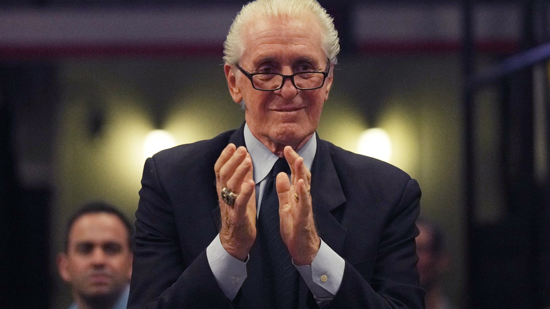 Mar 4, 2023; Miami, Florida, USA; Miami Heat president Pat Riley applauds Chris Bosh during a brief ceremony during the game between the Miami Heat and Atlanta Hawks at Miami-Dade Arena.