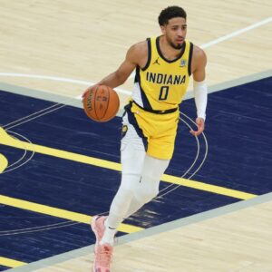 Jun 19, 2025; Indianapolis, Indiana, USA; Indiana Pacers guard Tyrese Haliburton (0) dribbles the ball against the Oklahoma City Thunder in the second quarter during game six of the 2025 NBA Finals at Gainbridge Fieldhouse. Mandatory Credit: Trevor Ruszkowski-Imagn Images