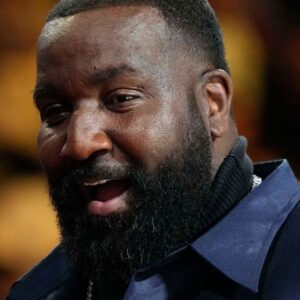 Dec 14, 2024; Las Vegas, Nevada, USA; Former NBA player Kendrick Perkins looks on during the fourth quarter between the Houston Rockets and the Oklahoma City Thunder. in a semifinal of the 2024 Emirates NBA Cup at T-Mobile Arena.