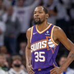 Apr 20, 2024; Minneapolis, Minnesota, USA; Phoenix Suns forward Kevin Durant (35) looks on against the Minnesota Timberwolves in the second half during game one of the first round for the 2024 NBA playoffs at Target Center.