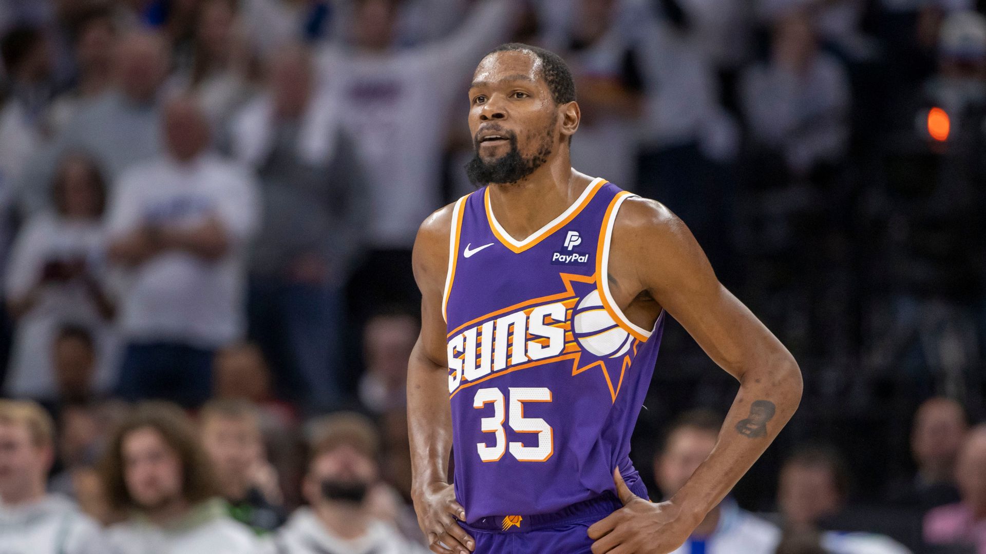 Apr 20, 2024; Minneapolis, Minnesota, USA; Phoenix Suns forward Kevin Durant (35) looks on against the Minnesota Timberwolves in the second half during game one of the first round for the 2024 NBA playoffs at Target Center.