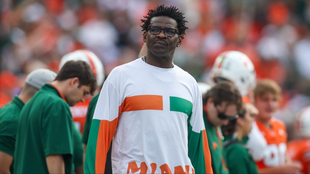 Former Miami Hurricanes wide receiver Michael Irvin on the sideline against the Georgia Tech Yellow Jackets in the first quarter at Bobby Dodd Stadium at Hyundai Field.