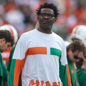 Former Miami Hurricanes wide receiver Michael Irvin on the sideline against the Georgia Tech Yellow Jackets in the first quarter at Bobby Dodd Stadium at Hyundai Field.