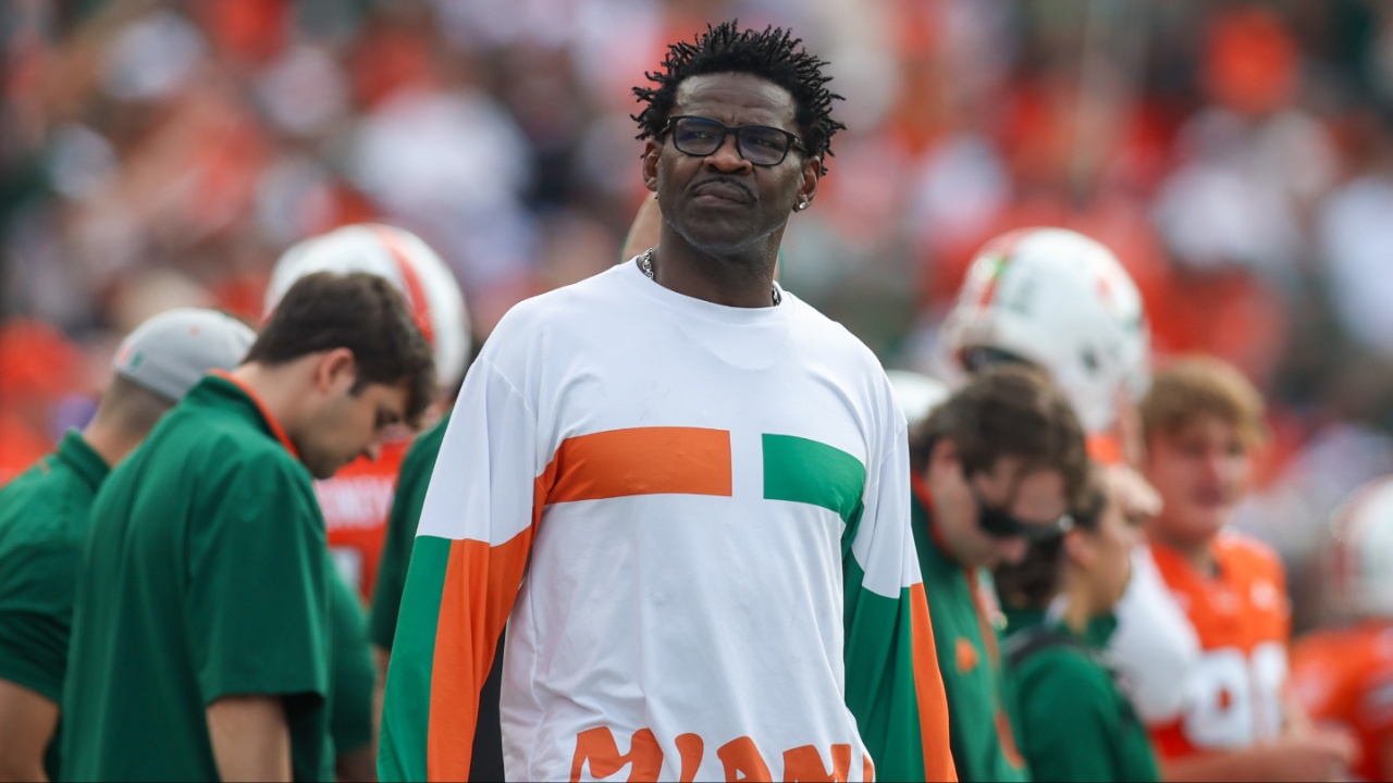 Former Miami Hurricanes wide receiver Michael Irvin on the sideline against the Georgia Tech Yellow Jackets in the first quarter at Bobby Dodd Stadium at Hyundai Field.