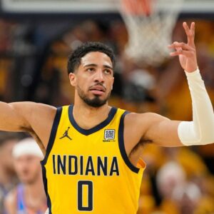 Indiana Pacers guard Tyrese Haliburton (0) reacts after a play against the Oklahoma City Thunder during the first half of game six of the 2025 NBA Finals between the Oklahoma City Thunder and the Indiana Pacers at Gainbridge Fieldhouse.