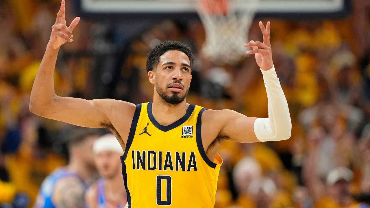 Indiana Pacers guard Tyrese Haliburton (0) reacts after a play against the Oklahoma City Thunder during the first half of game six of the 2025 NBA Finals between the Oklahoma City Thunder and the Indiana Pacers at Gainbridge Fieldhouse.