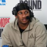 Atlanta Falcons quarterback Michael Penix Jr. on the ESPN radio set on radio row at the Super Bowl LIX media center at Ernest N. Morial Convention Center.