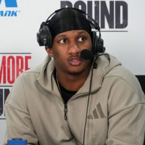 Atlanta Falcons quarterback Michael Penix Jr. on the ESPN radio set on radio row at the Super Bowl LIX media center at Ernest N. Morial Convention Center.