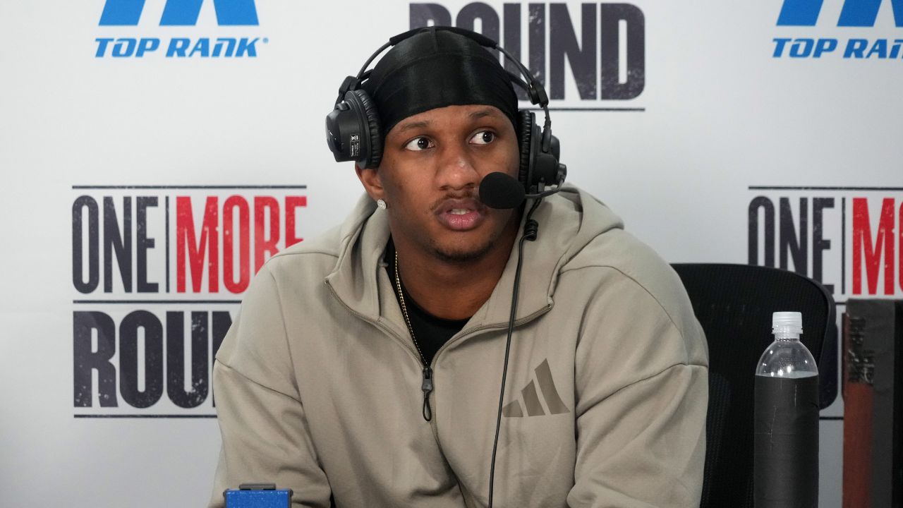 Atlanta Falcons quarterback Michael Penix Jr. on the ESPN radio set on radio row at the Super Bowl LIX media center at Ernest N. Morial Convention Center.
