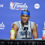 Jun 4, 2025; Oklahoma City, OK, USA; Oklahoma City Thunder guard Shai Gilgeous-Alexander (2) during NBA Finals Media Day at Paycom Center.