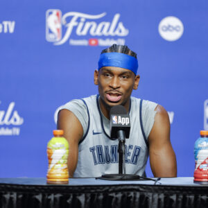 Jun 4, 2025; Oklahoma City, OK, USA; Oklahoma City Thunder guard Shai Gilgeous-Alexander (2) during NBA Finals Media Day at Paycom Center.