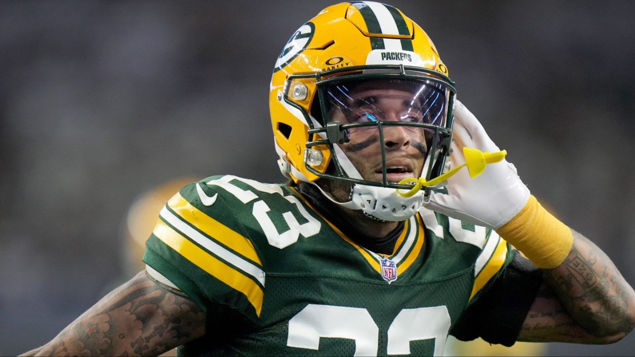 Green Bay Packers cornerback Jaire Alexander (23) reacts after intercepting a pass during the first quarter of the wild card playoff game against the Dallas Cowboys Sunday, January 14, 2024 at AT&T Stadium in Arlington, Texas.