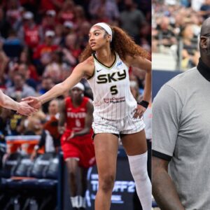 Angel Reese and Caitlin Clark (L), Shaquille O'Neal (R)