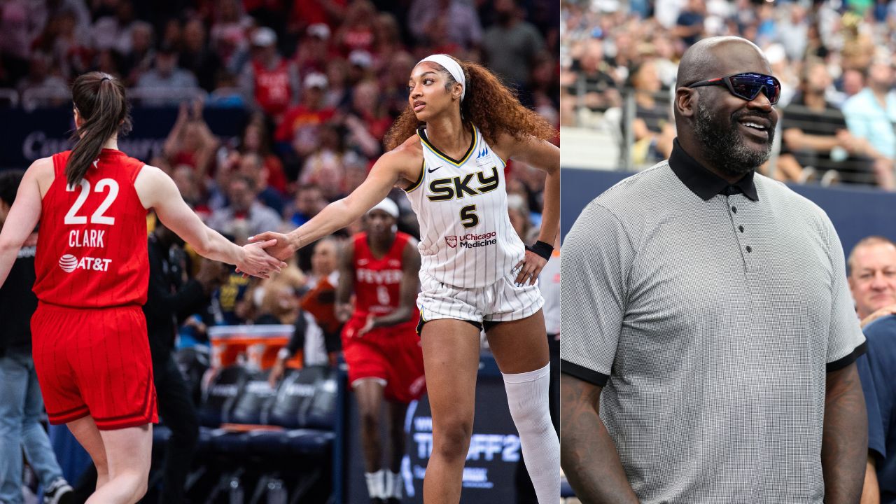 Angel Reese and Caitlin Clark (L), Shaquille O'Neal (R)