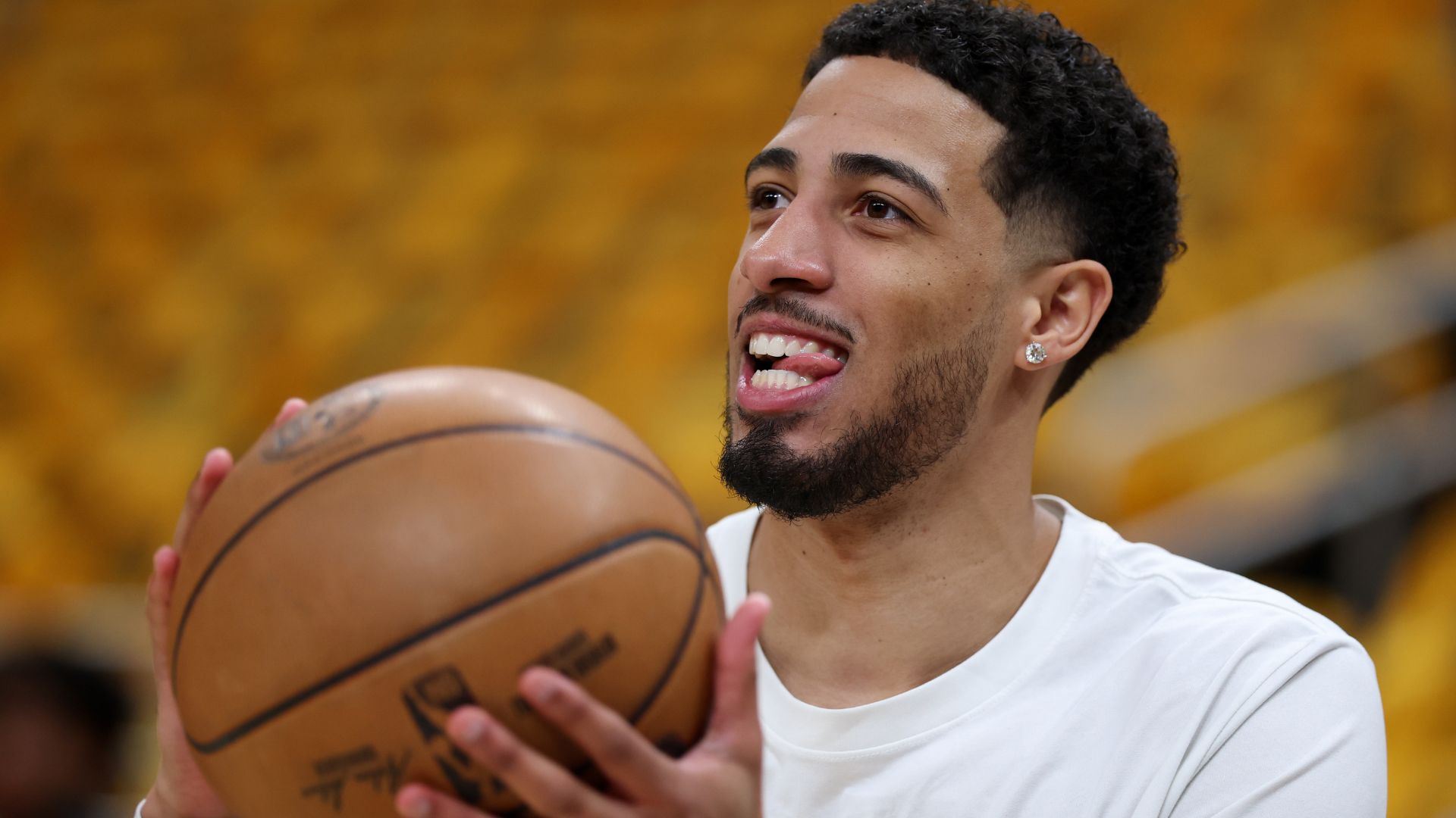 May 31, 2025; Indianapolis, Indiana, USA; Indiana Pacers guard Tyrese Haliburton (0) warms up prior to game six of the eastern conference finals for the 2025 NBA Playoffs at Gainbridge Fieldhouse