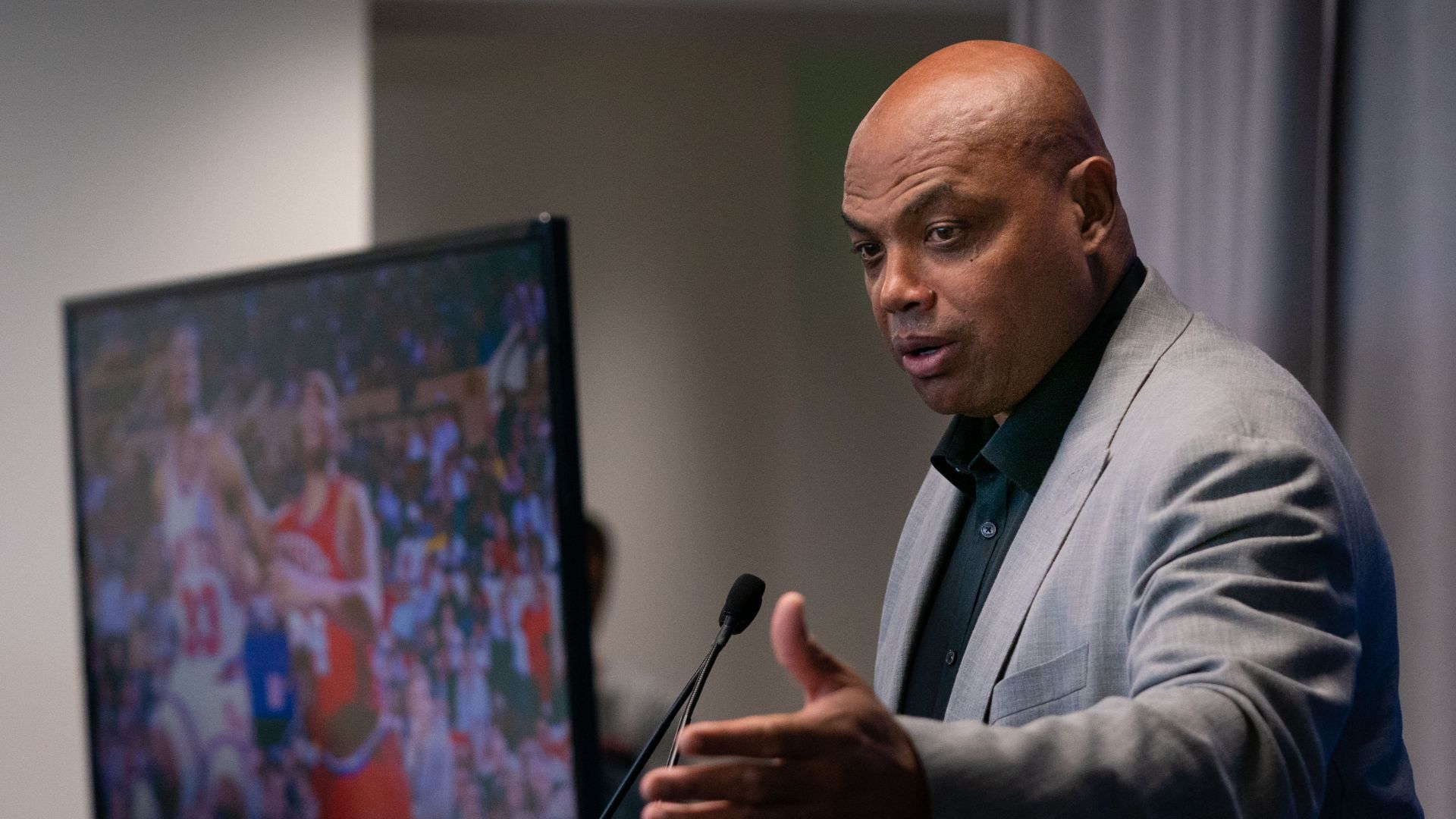 Sep 13, 2019; Philadelphia, PA, USA; Philadelphia 76ers great Charles Barkley speaks at the podium during the unveiling of a statue honoring him in a ceremony at the Philadelphia 76ers Training Complex.