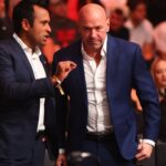 American politician Vivek Ramaswamy (left) and UFC president Dana White during UFC 300 at T-Mobile Arena.