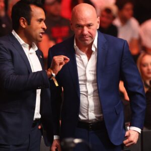 American politician Vivek Ramaswamy (left) and UFC president Dana White during UFC 300 at T-Mobile Arena.