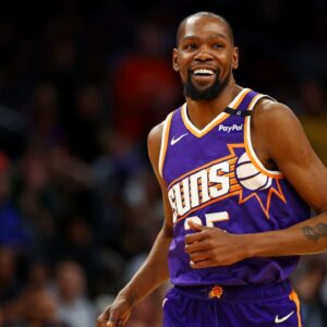 Phoenix Suns forward Kevin Durant (35) celebrates after a play during the fourth quarter against the Milwaukee Bucks at Footprint Center.