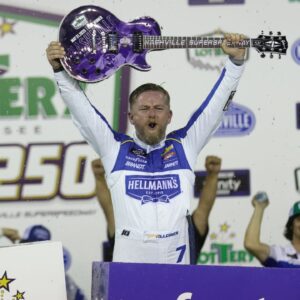 NASCAR Xfinity Series driver Justin Allgaier (7) wins the Tennessee Lottery 250 at Nashville Superspeedway.
