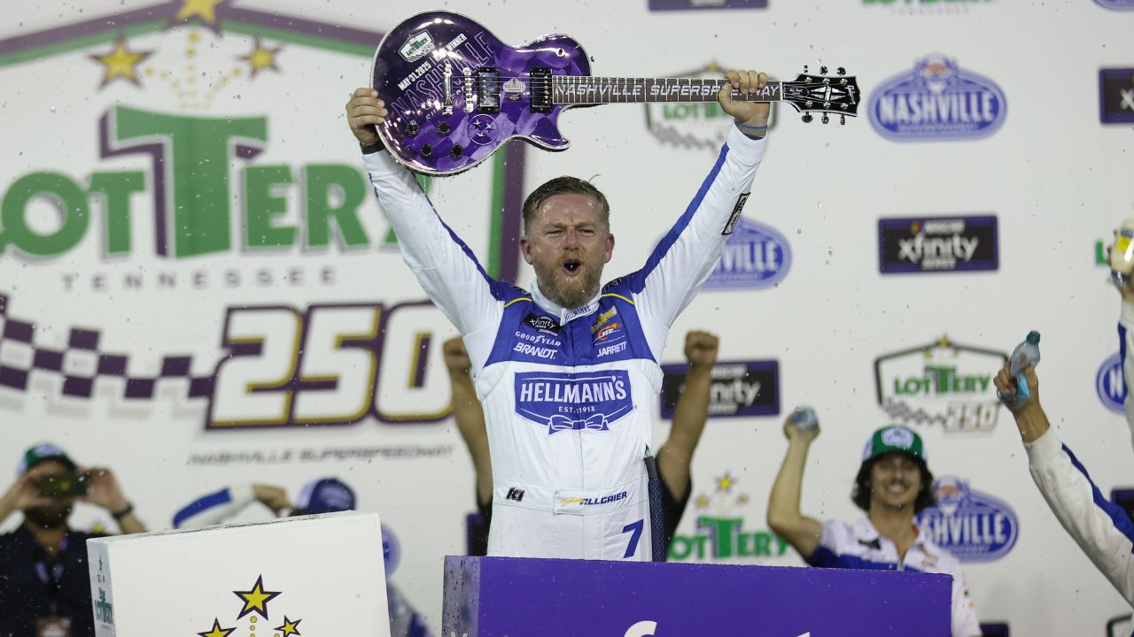 NASCAR Xfinity Series driver Justin Allgaier (7) wins the Tennessee Lottery 250 at Nashville Superspeedway.