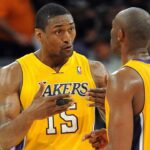 Los Angeles Lakers shooting guard Kobe Bryant (24) and small forward Metta World Peace (15) talk during during a time out in game against the Indiana Pacers at the Staples Center.