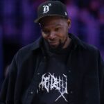 May 23, 2025; Los Angeles, California, USA; Kevin Durant attends the game between the Golden State Valkyries and the LA Sparks at Crypto.com Arena. | Credits- Kirby Lee-Imagn Images