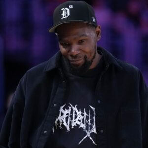 May 23, 2025; Los Angeles, California, USA; Kevin Durant attends the game between the Golden State Valkyries and the LA Sparks at Crypto.com Arena. | Credits- Kirby Lee-Imagn Images