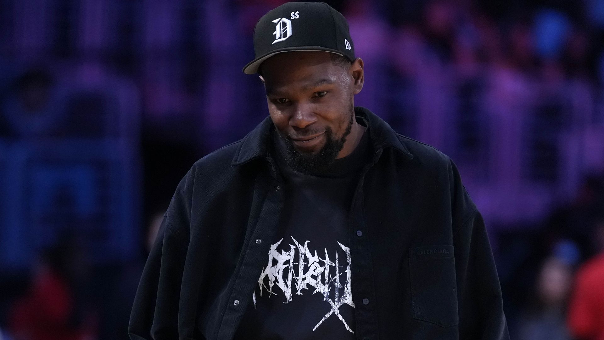 May 23, 2025; Los Angeles, California, USA; Kevin Durant attends the game between the Golden State Valkyries and the LA Sparks at Crypto.com Arena. | Credits- Kirby Lee-Imagn Images