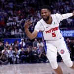 Detroit Pistons guard Malik Beasley (5) loose the ball in the fourth quarter against the New York Knicks during game six of first round for the 2024 NBA Playoffs at Little Caesars Arena.