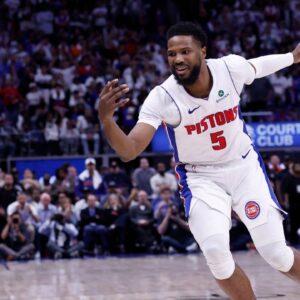 Detroit Pistons guard Malik Beasley (5) loose the ball in the fourth quarter against the New York Knicks during game six of first round for the 2024 NBA Playoffs at Little Caesars Arena.