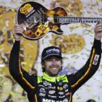 NASCAR Cup Series driver Ryan Blaney (12) wins the Cracker Barrel 400 at Nashville Superspeedway.